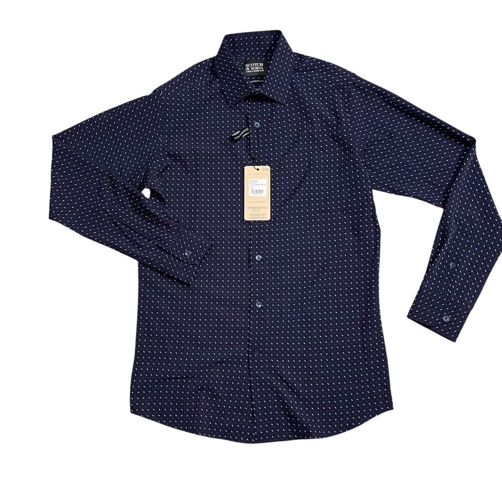 Scotch & Soda 14.5 Long Sleeve Modern Fit Dress Shirt NEW Button Up Navy Print